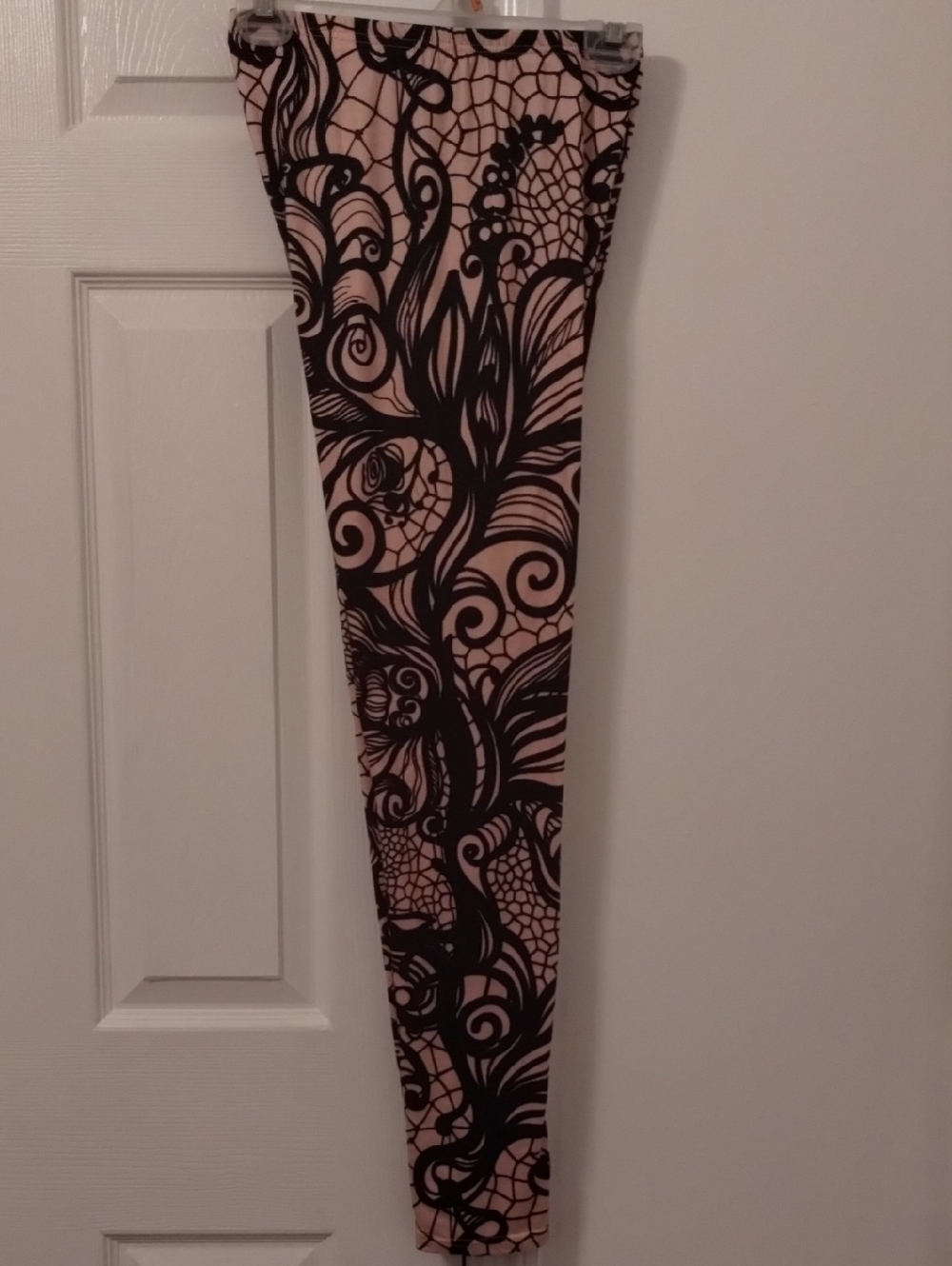Blush Pink Leggings with Bold Black Floral Lace Print